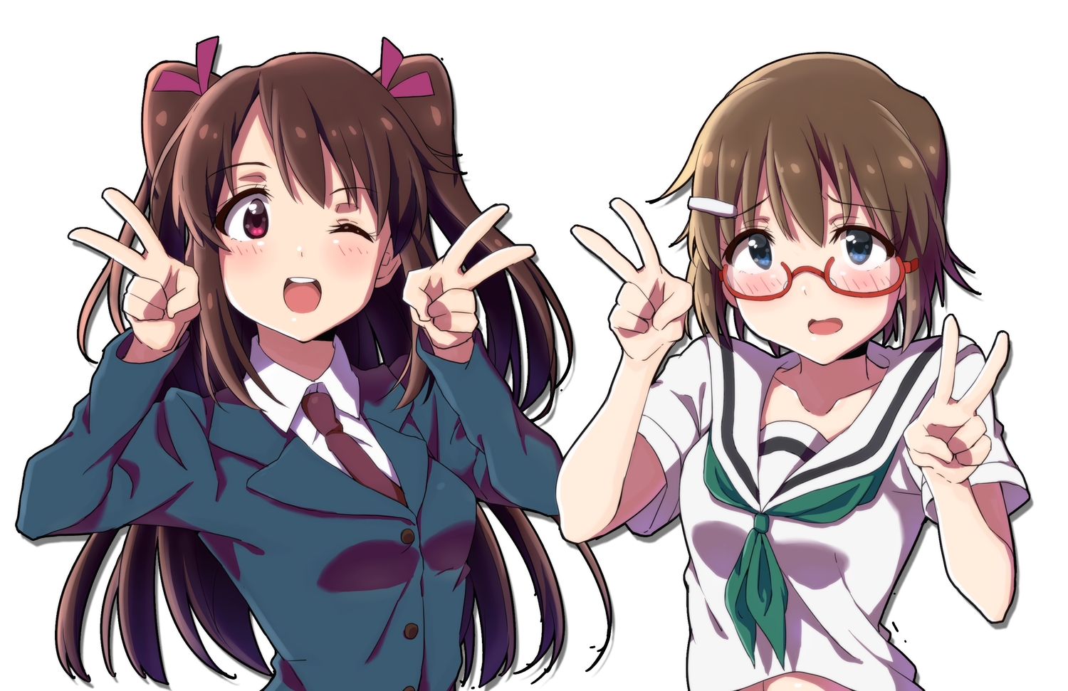 2girls, blue_eyes, blush, brown_hair, glasses, long_hair, original, purple_eyes