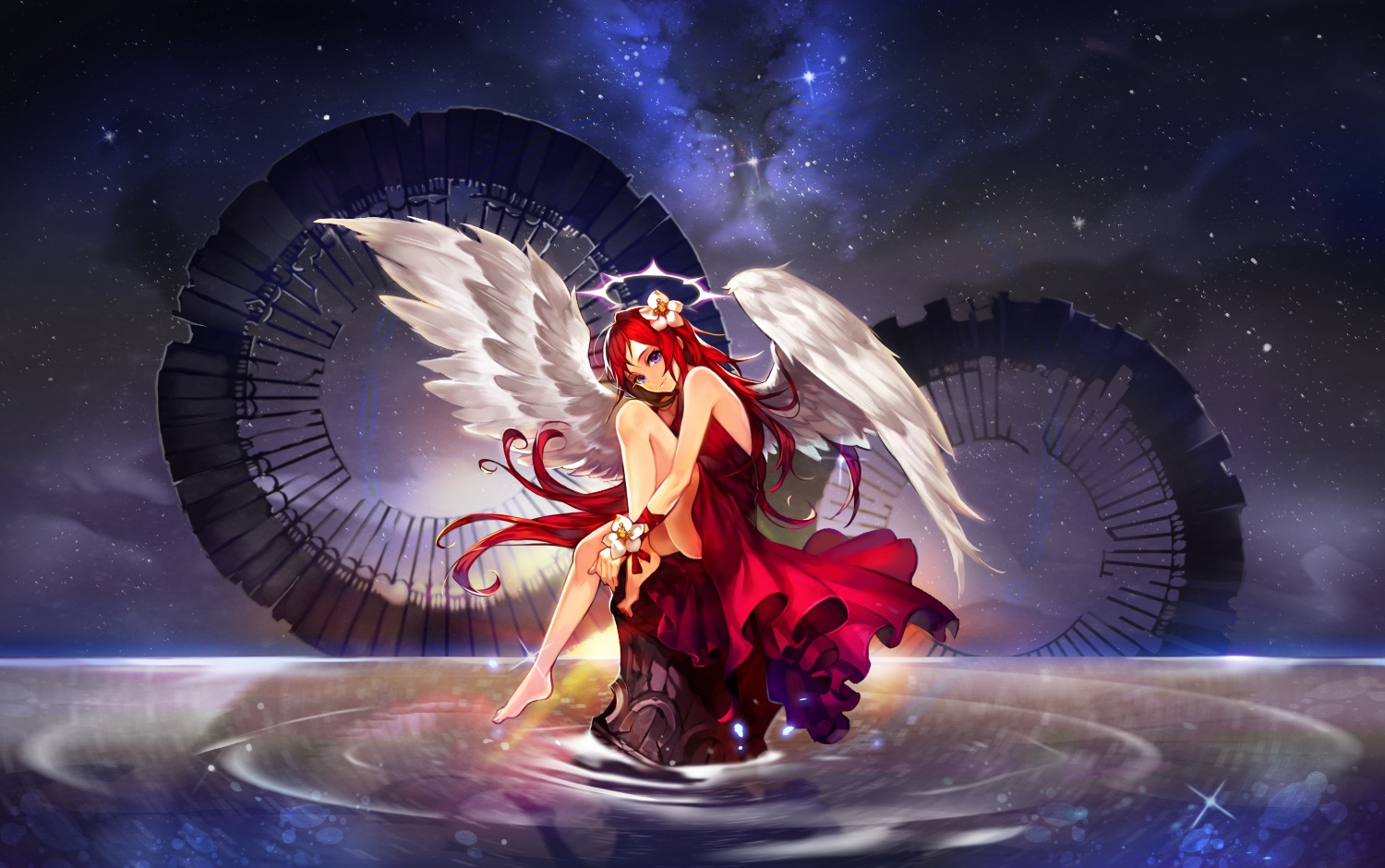 angel, blue_eyes, dress, elran, flowers, halo, long_hair, original, red_hair, stars, water, wings, wristwear