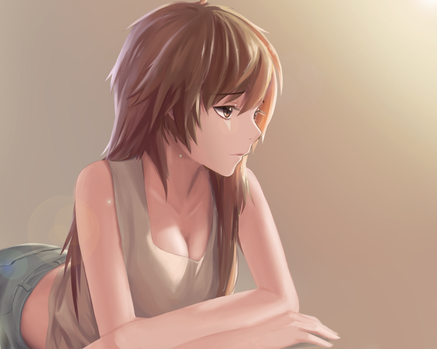 breasts, brown_eyes, brown_hair, cleavage, gradient, long_hair, original, shon