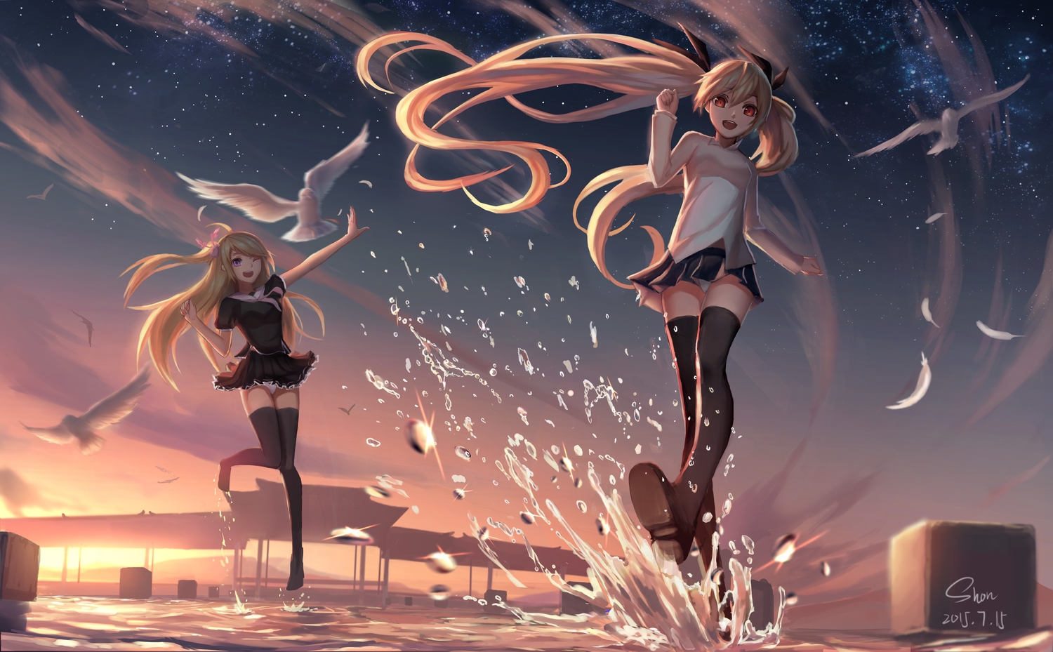 animal, bird, clouds, feathers, original, panties, school_uniform, shon, signed, skirt, sky, stars, sunset, thighhighs, underwear, water, wet