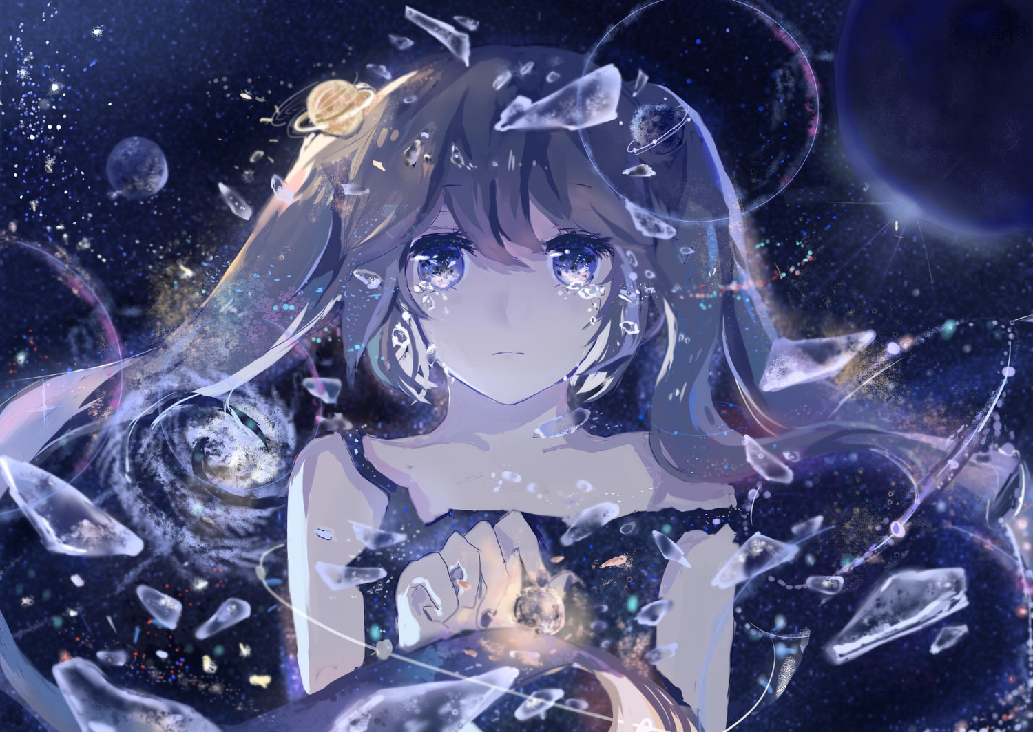 blue, hatsune_miku, jpeg_artifacts, long_hair, mada_(shizhou), polychromatic, space, twintails, vocaloid