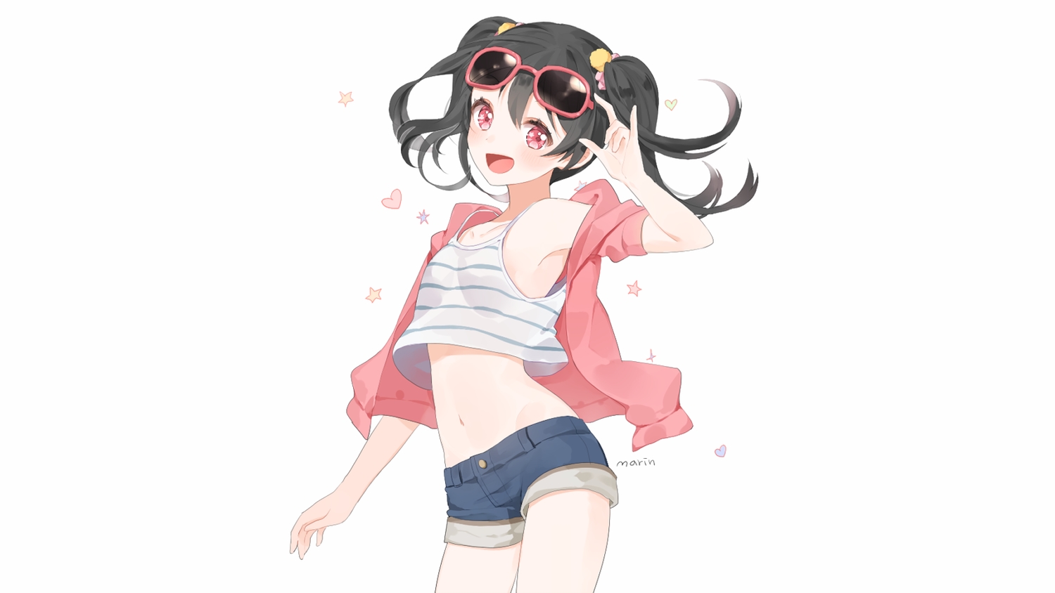 black_hair, glasses, heart, hood, love_live!_school_idol_project, marin_(myuy_3), navel, pink_eyes, short_hair, shorts, signed, sunglasses, twintails, white, yazawa_nico
