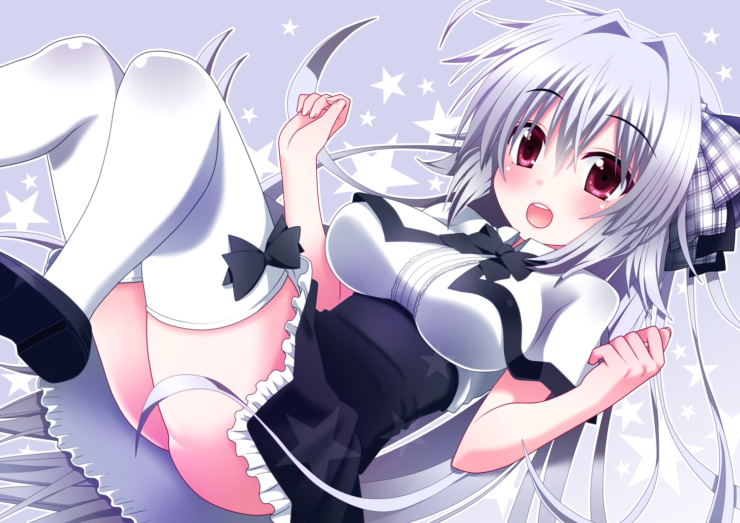 bow, iris_freyja, juuoumujin_no_fafnir, naze, red_eyes, ribbons, stars, thighhighs, white_hair