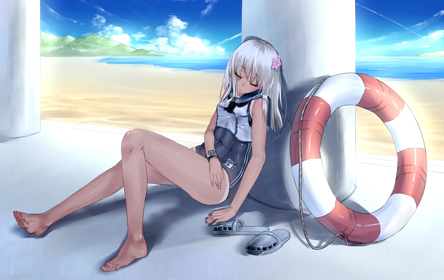 anthropomorphism, barefoot, beach, kantai_collection, ro-500_(kancolle), rolua, school_swimsuit, shade