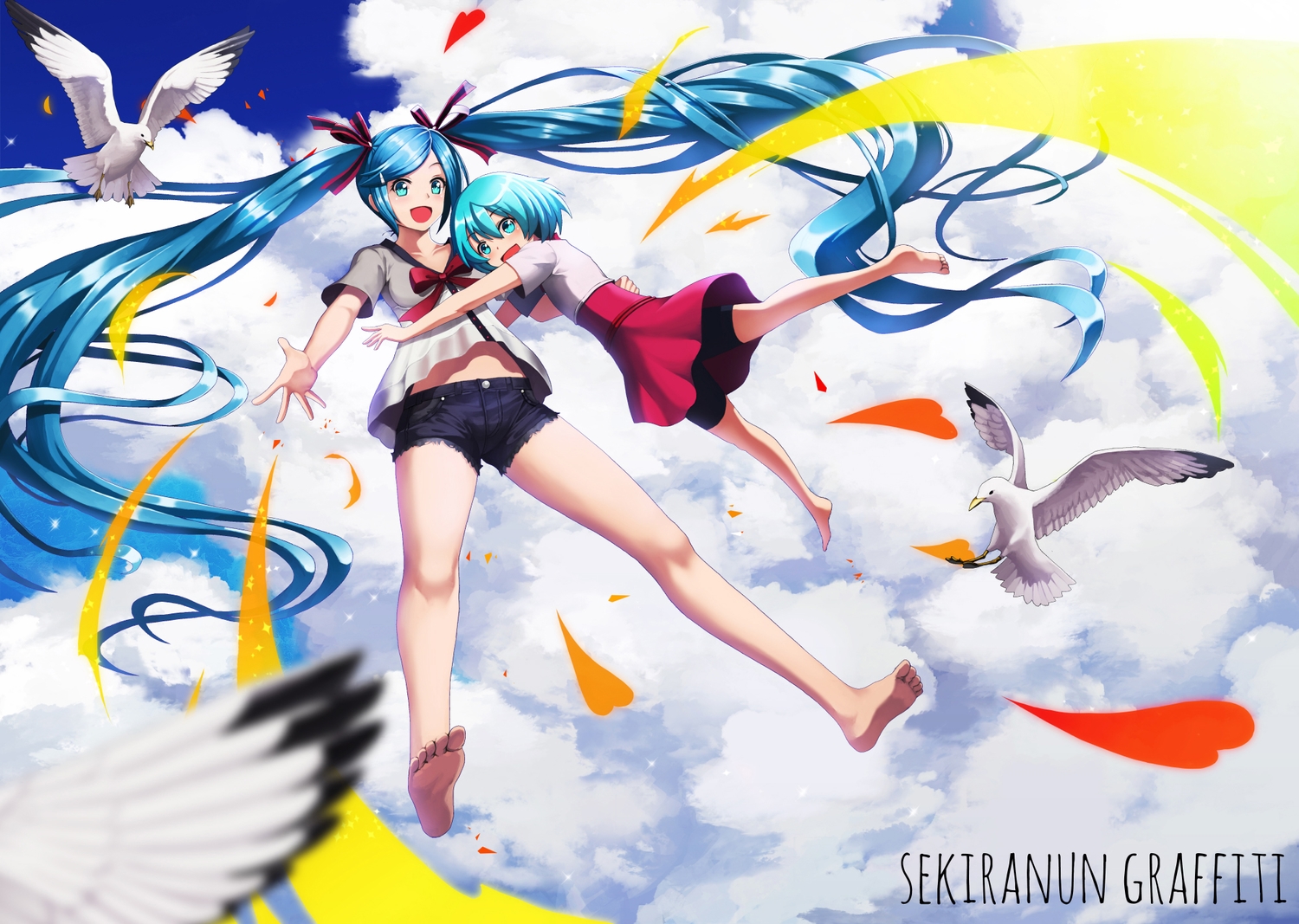 2girls, animal, aqua_hair, bike_shorts, bird, blue_hair, clouds, defiaz_(infinity), hatsune_miku, loli, long_hair, sekiranun_graffiti_(vocaloid), short_hair, shorts, sky, twintails, vocaloid