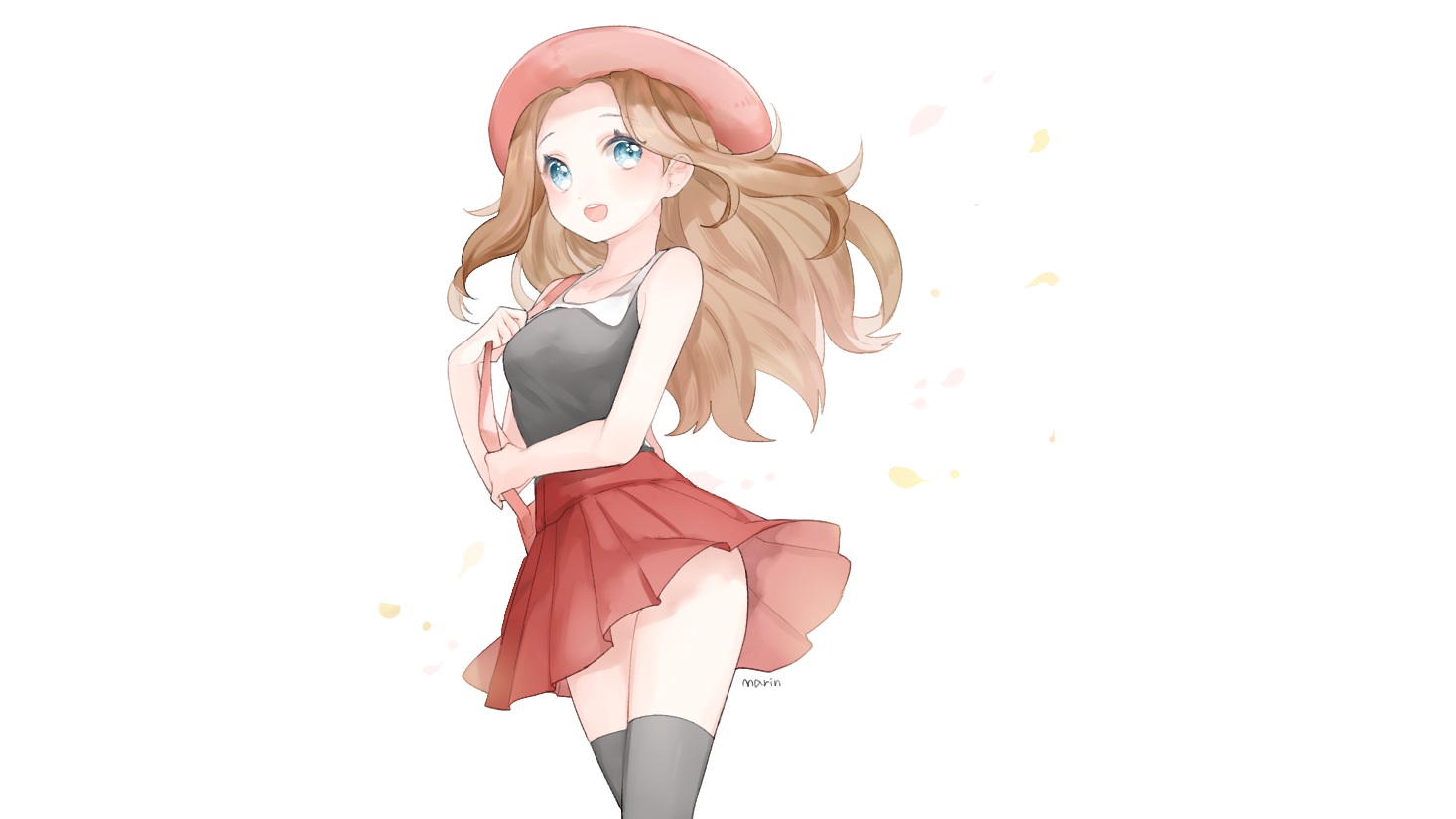 blue_eyes, brown_hair, hat, long_hair, marin_(myuy_3), petals, pokemon, serena_(pokemon), signed, skirt, thighhighs, white, zettai_ryouiki