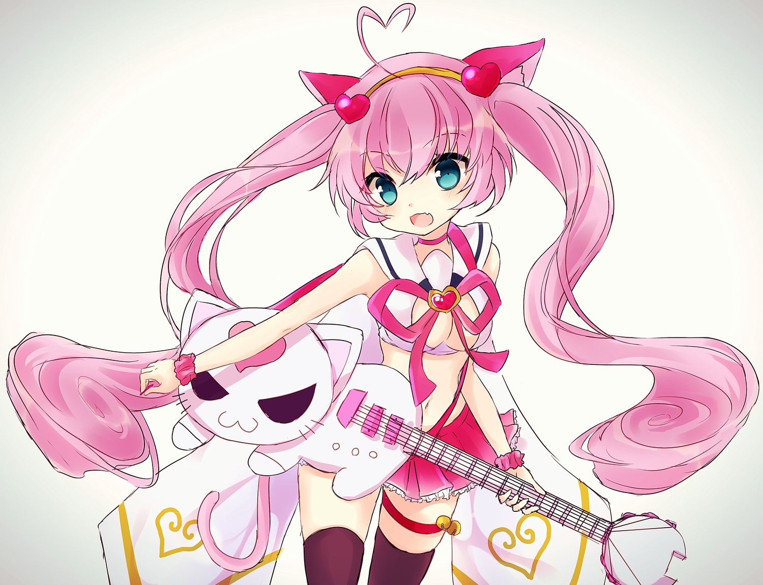 animal_ears, blue_eyes, breasts, cat_smile, cleavage, fang, guitar, headband, instrument, long_hair, mareta_mochi, pink_hair, rosia_(show_by_rock!), show_by_rock!!, skirt, tail, thighhighs, twintails, wristwear