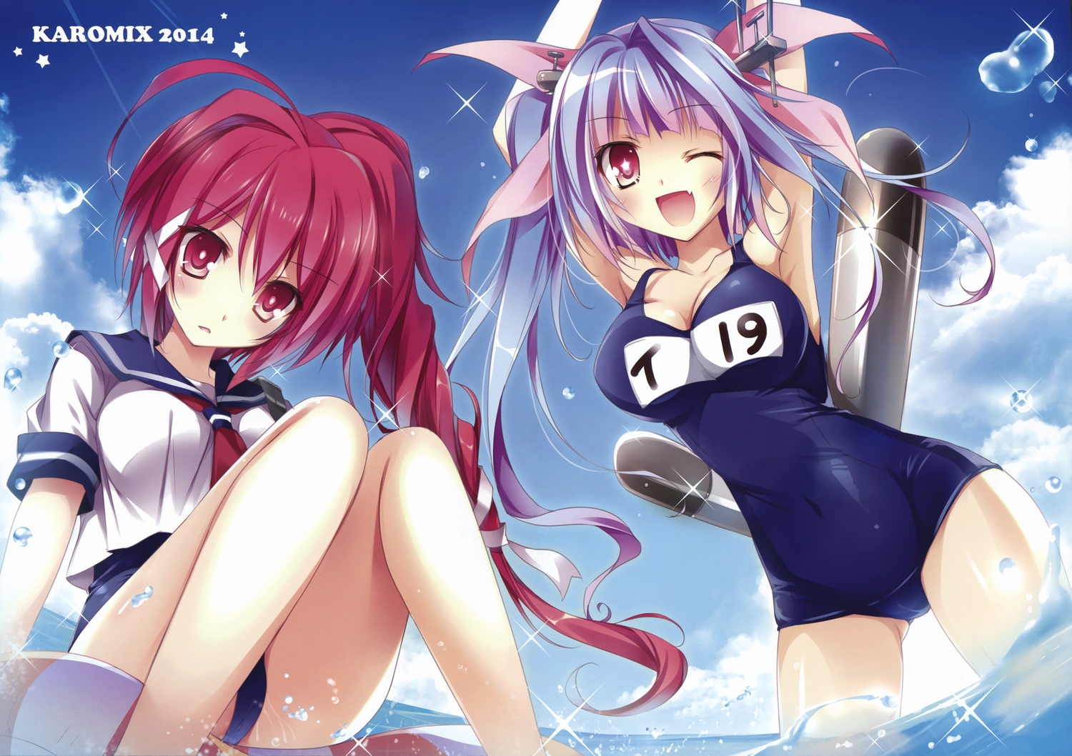 anthropomorphism, breasts, cleavage, fang, i-168_(kancolle), i-19_(kancolle), kantai_collection, karory, long_hair, red_hair, ribbons, scan, school_swimsuit, school_uniform, skintight, swimsuit, water, wink
