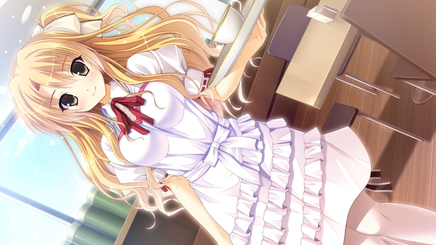 blonde_hair, dress, drink, ecchi_de_hentai!_yakimochi_ojou-sama!!, ensemble_(company), game_cg, goma_satoshi, kurusugawa_alice, long_hair, pantyhose, waitress