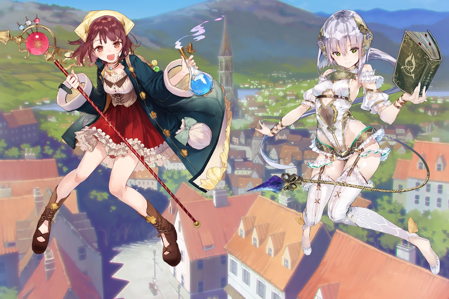 atelier_sophie, bodysuit, book, boots, building, choker, city, garter_belt, gust_(company), horns, landscape, necklace, no_bra, noco, plachta, scenic, short_hair, sophie_neuenmuller, staff, stockings, tail, thighhighs, weapon, yuugen