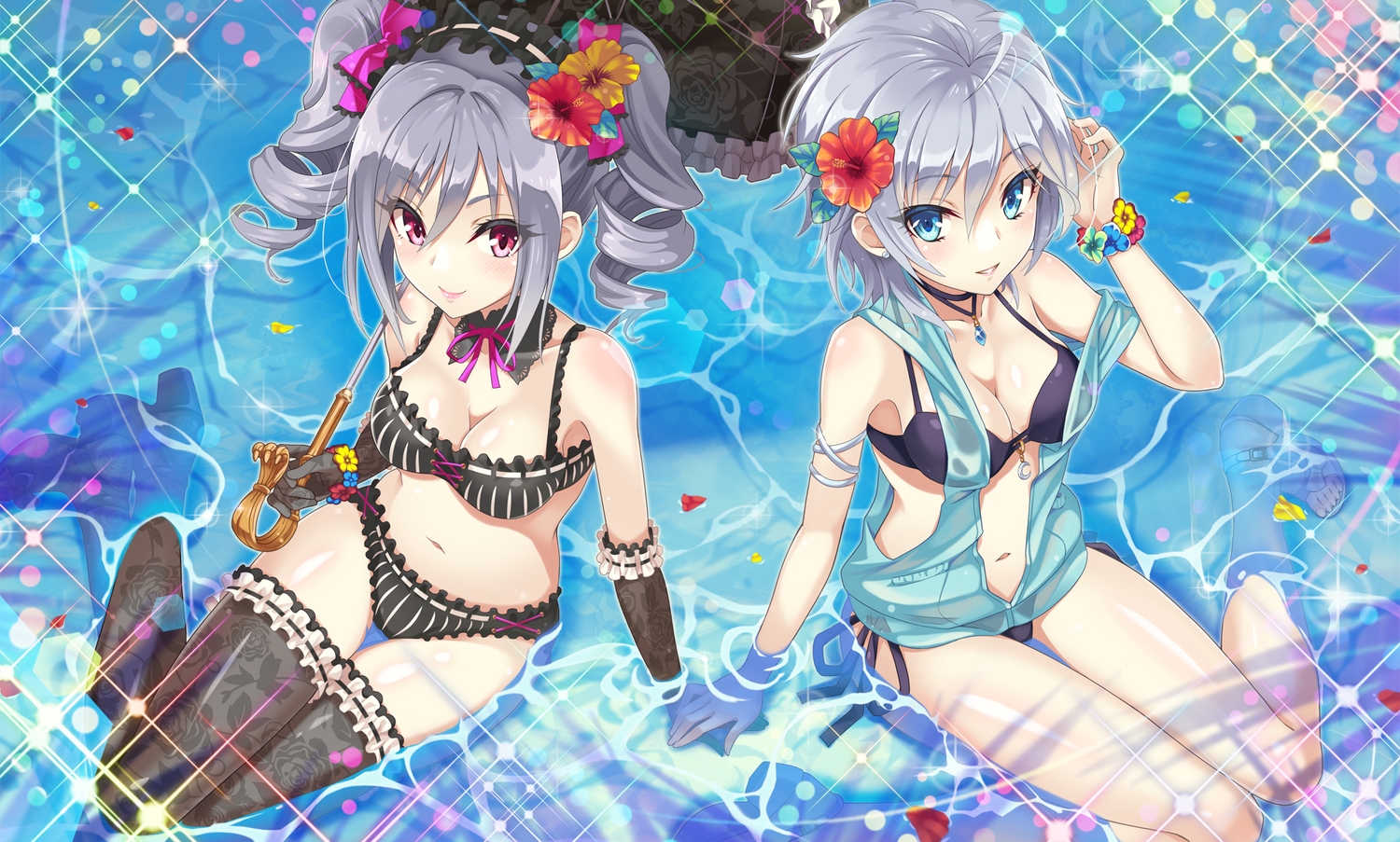 2girls, anastasia_(idolmaster), aqua_eyes, bikini, elbow_gloves, flowers, gloves, gray_hair, headband, idolmaster, idolmaster_cinderella_girls, kanzaki_ranko, pink_eyes, short_hair, swimsuit, thighhighs, twintails, umbrella, urabi_(tomatohouse), water, wristwear