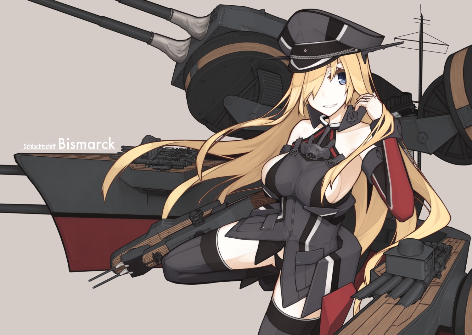 anthropomorphism, bismarck_(kancolle), breasts, hat, kantai_collection, mikoto_(oi_plus), sideboob, thighhighs, uniform