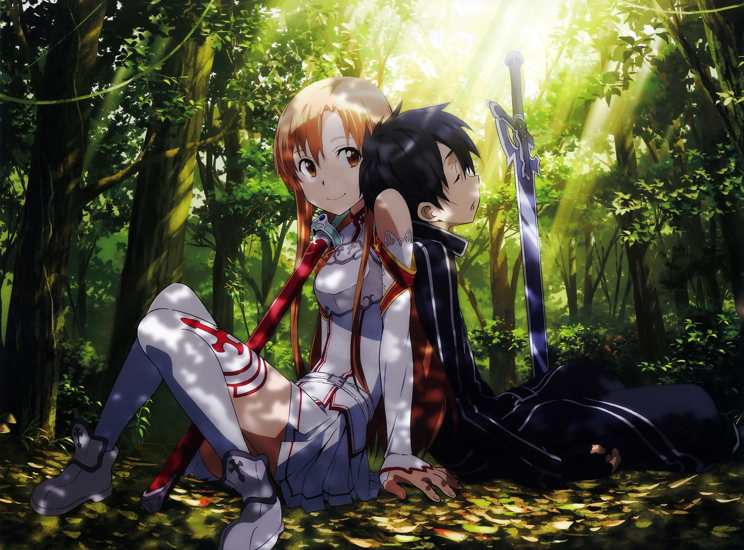 adachi_shingo, black_hair, boots, brown_hair, forest, gloves, kirigaya_kazuto, long_hair, male, scan, short_hair, skirt, sleeping, sword, sword_art_online, thighhighs, tree, weapon, yuuki_asuna