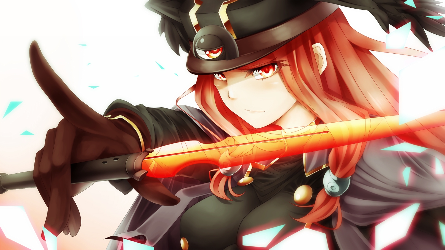 blazblue, cape, close, gloves, hat, long_hair, red_eyes, red_hair, snm_(sunimi), sword, tsubaki_yayoi, weapon, white