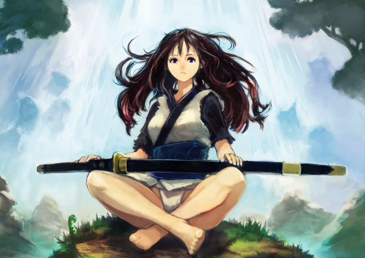 barefoot, brown_hair, grass, katana, long_hair, okuto, original, sword, water, waterfall, weapon