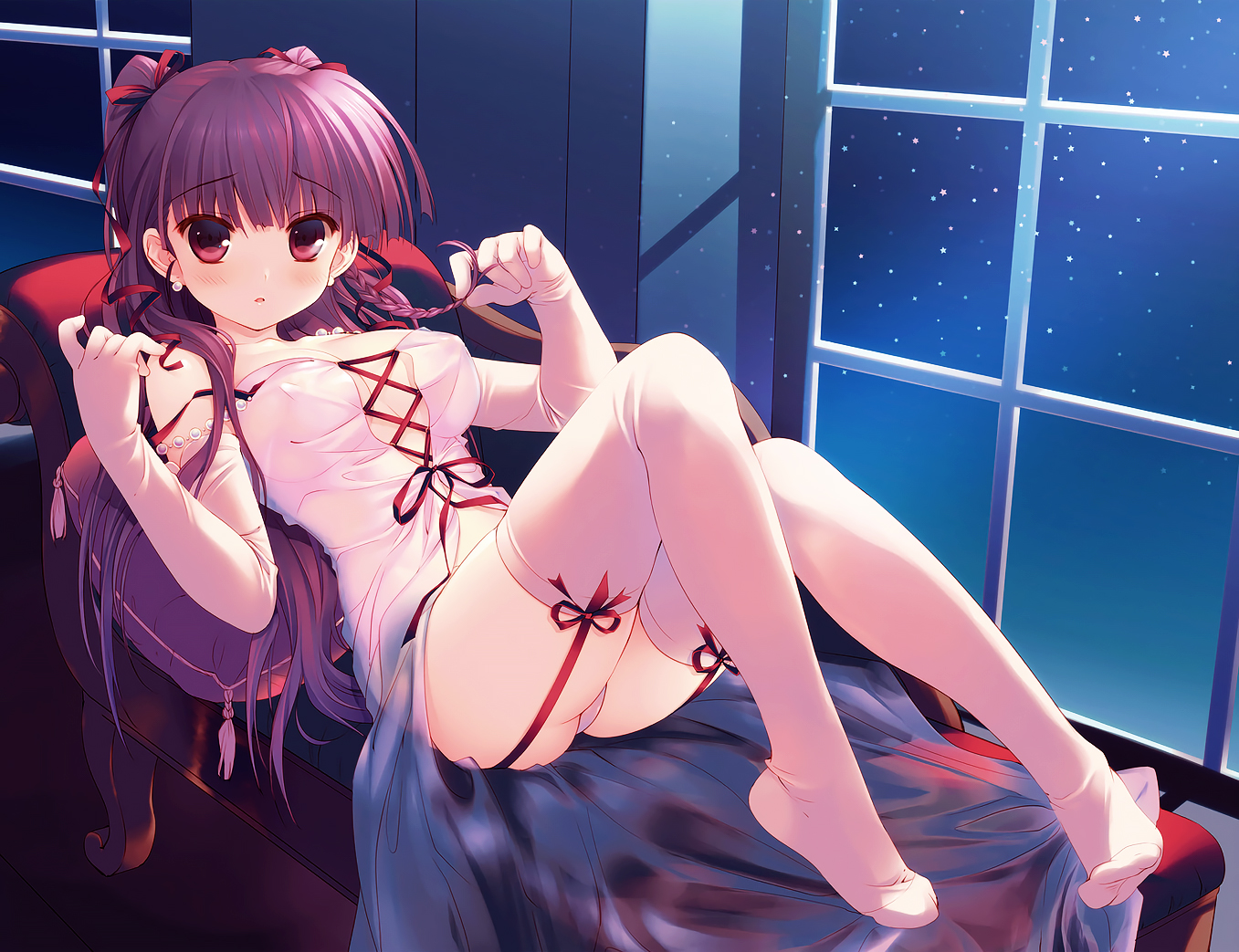 bow, elbow_gloves, erect_nipples, garter_belt, gloves, jpeg_artifacts, long_hair, night, original, panties, red_eyes, santa_matsuri, stars, thighhighs, twintails, underwear