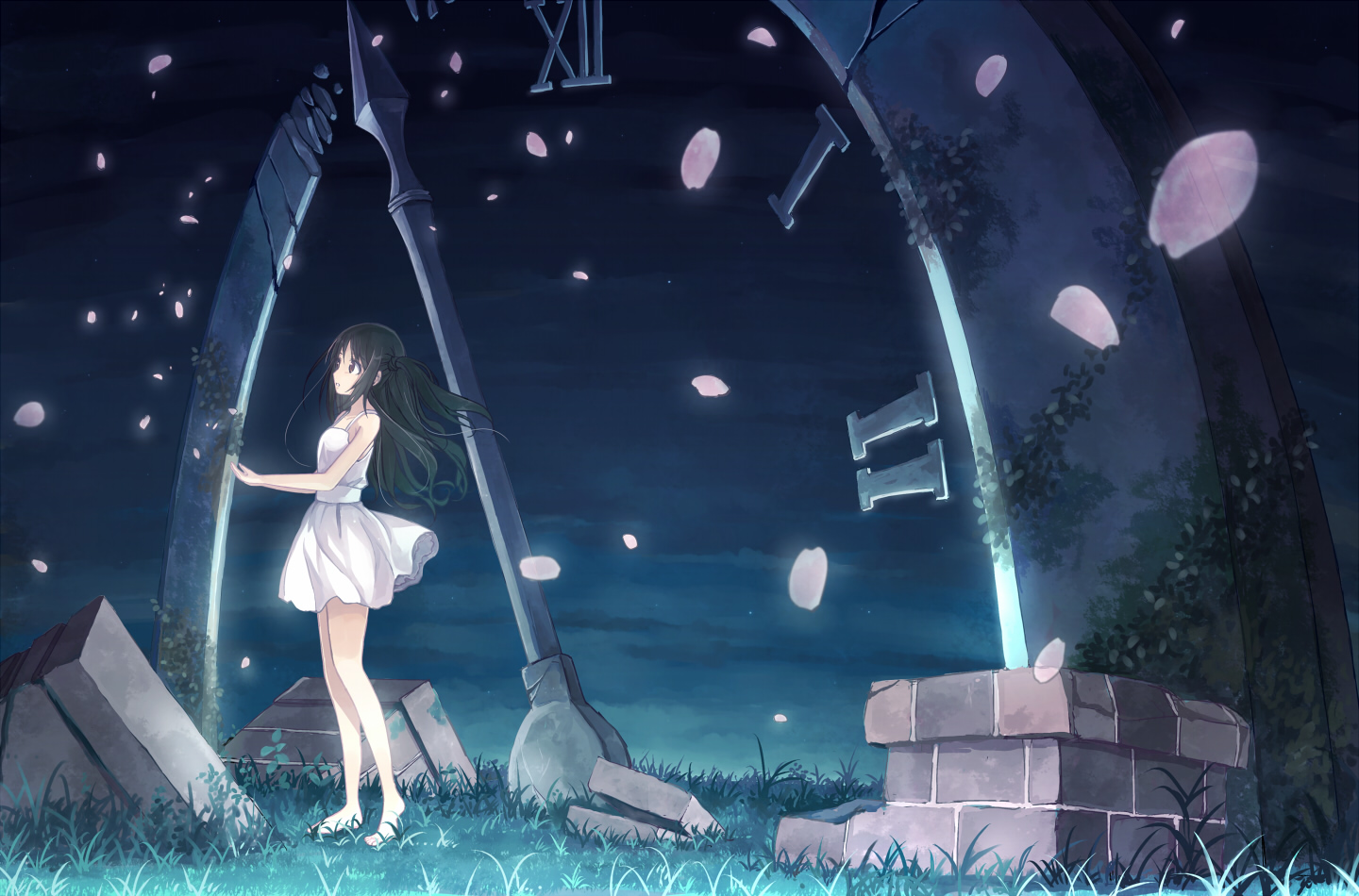 dress, grass, idolmaster, idolmaster_cinderella_girls, long_hair, night, petals, shimamura_uzuki, yakka