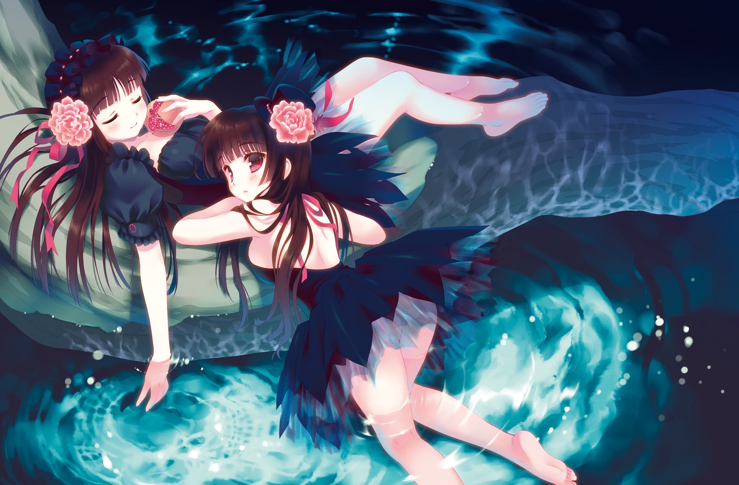 2girls, ass, barefoot, blush, brown_hair, dress, lolita_fashion, long_hair