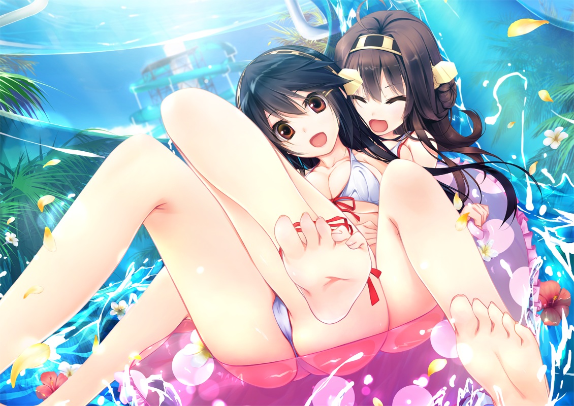 2girls, anthropomorphism, barefoot, breasts, cleavage, flowers, haruna_(kancolle), headband, hug, ichikawa_noa, kantai_collection, kongou_(kancolle), long_hair, ribbons, swim_ring, swimsuit, water