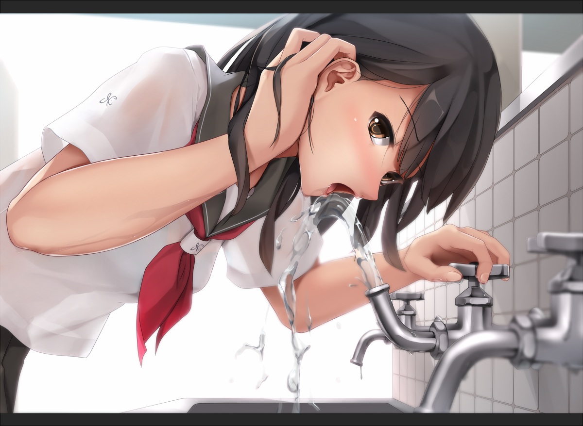 black_hair, blush, brown_eyes, eto, long_hair, original, school_uniform, see_through, water
