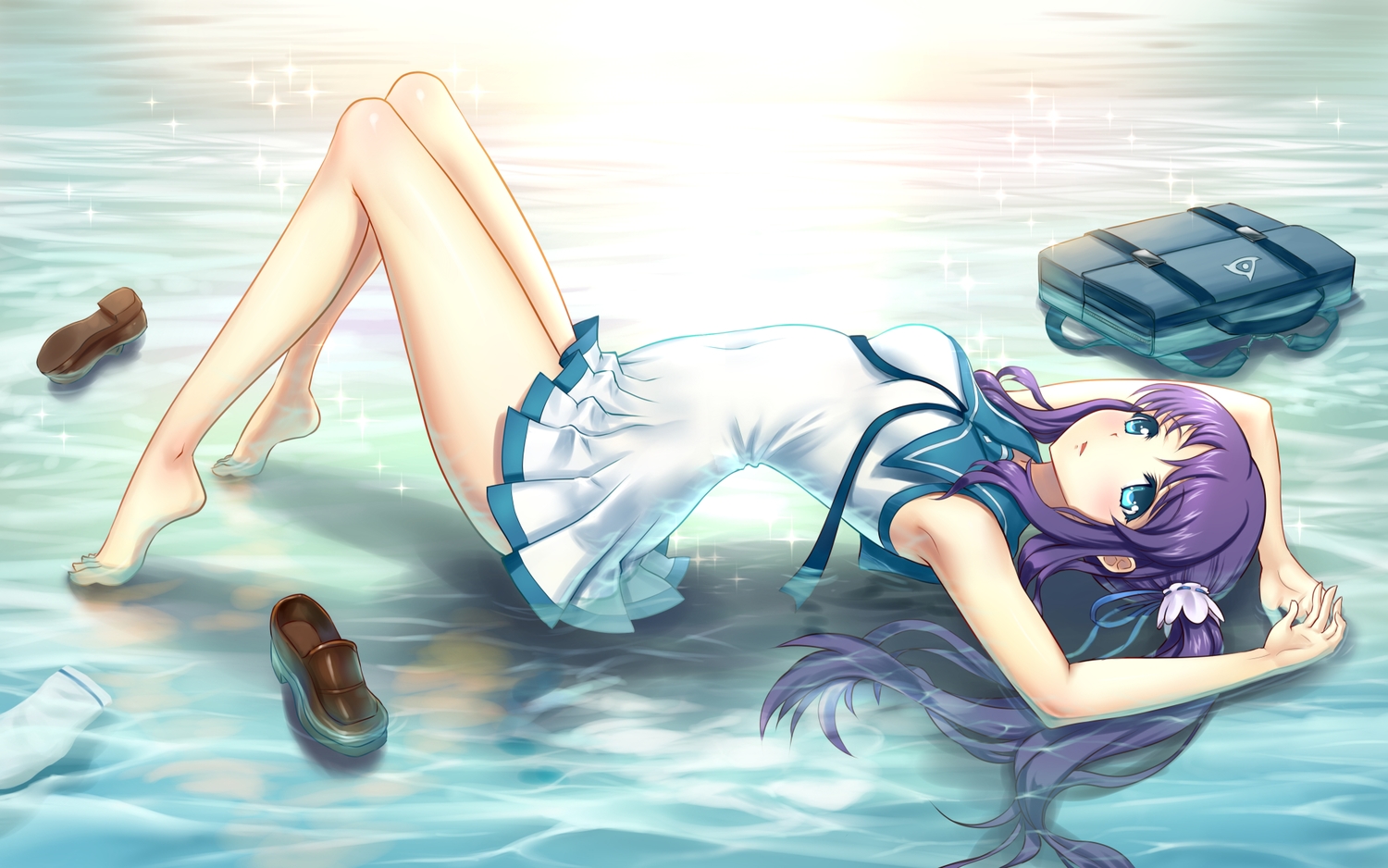 aqua_eyes, barefoot, dress, hiradaira_chisaki, long_hair, nagi_no_asukara, ponytail, purple_hair, water, youbou