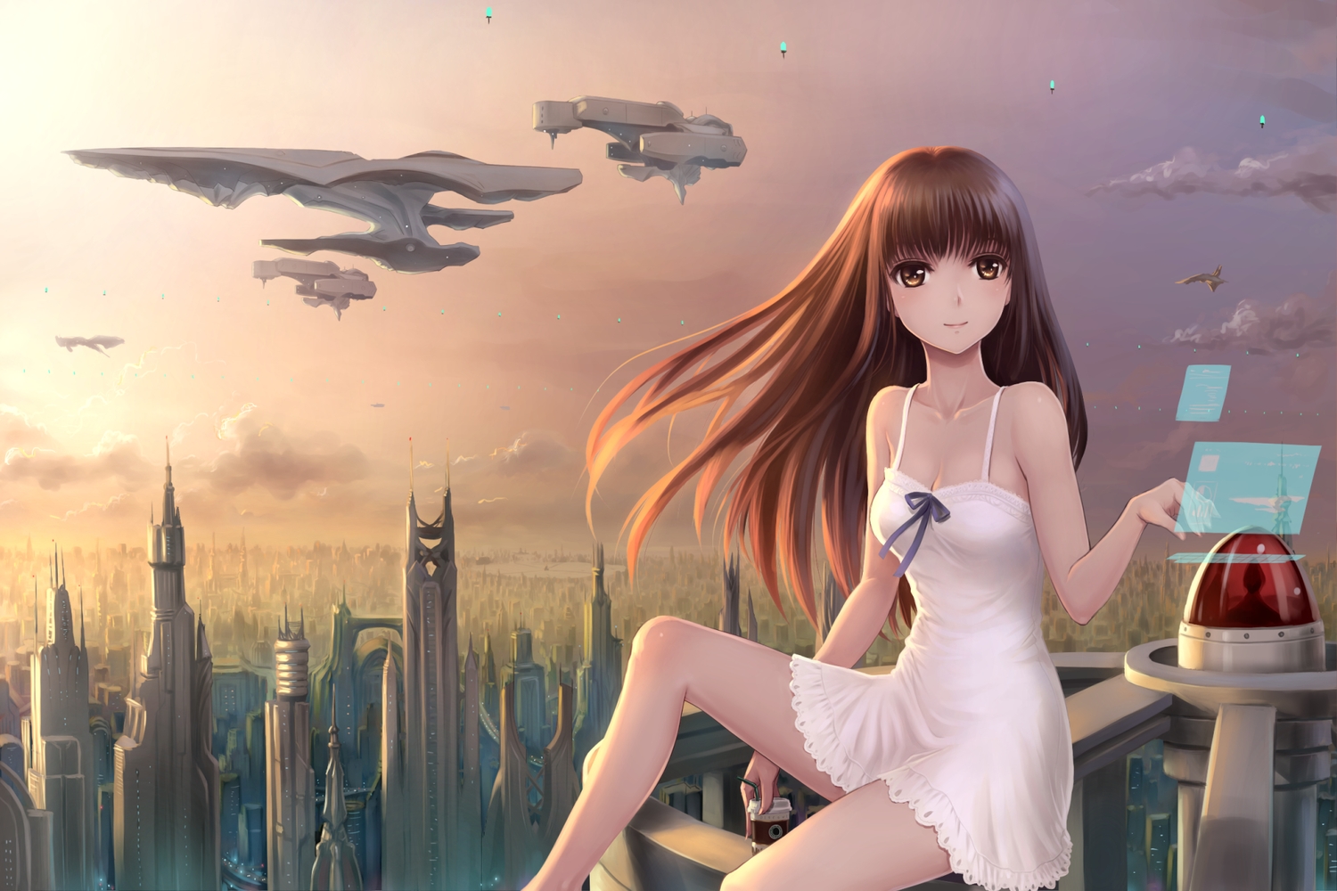 aircraft, breasts, brown_eyes, brown_hair, building, city, cleavage, clouds, dress, drink, long_hair, original, sky, summer_dress, sunset, youbou