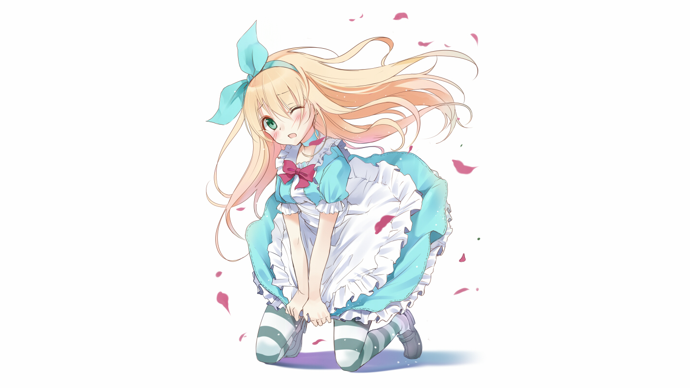 aliasing, alice_in_wonderland, alice_(wonderland), apron, blonde_hair, blush, dress, green_eyes, headband, long_hair, maigoyaki, pantyhose, petals, white, wink