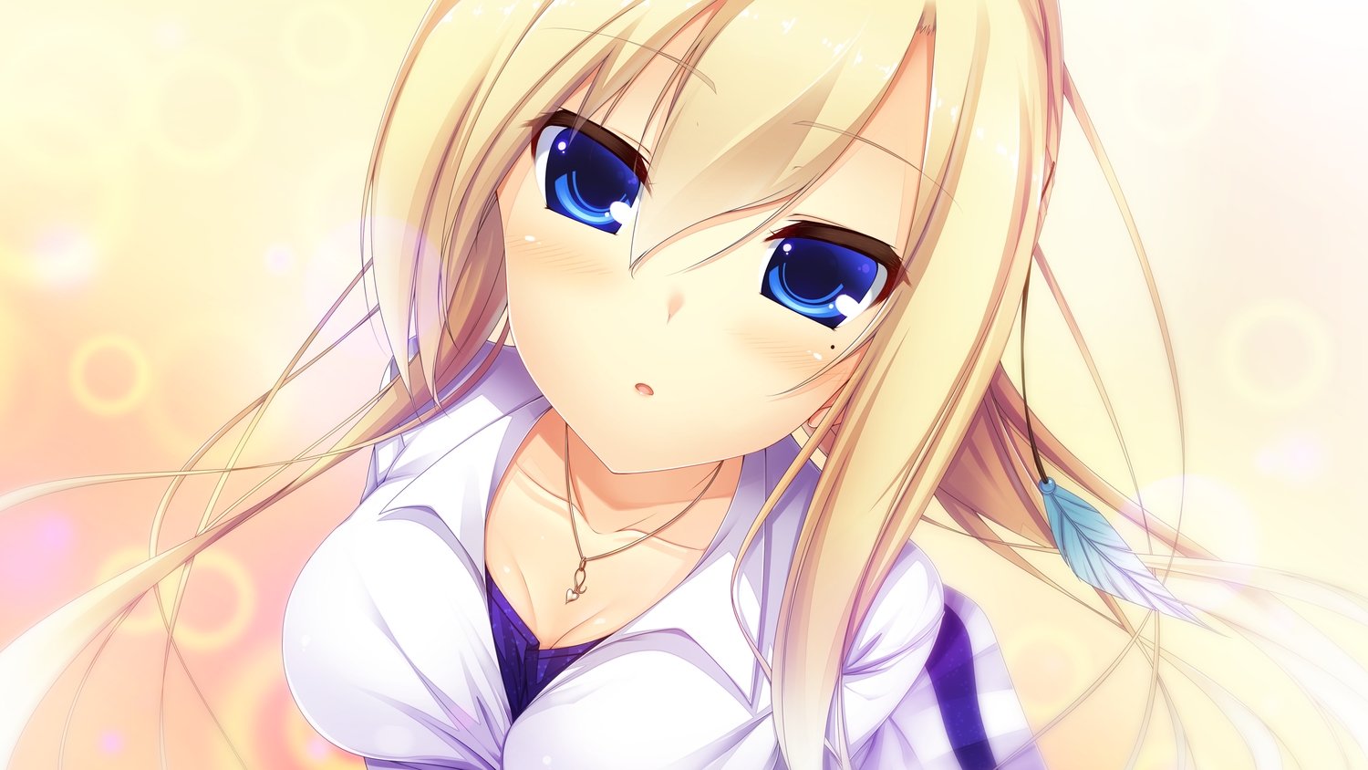 blonde_hair, blue_eyes, blush, breasts, cleavage, close, game_cg, kurusugawa_youko, maboroshi_no_dystopia, necklace, tigre_soft, tsuzura_aya