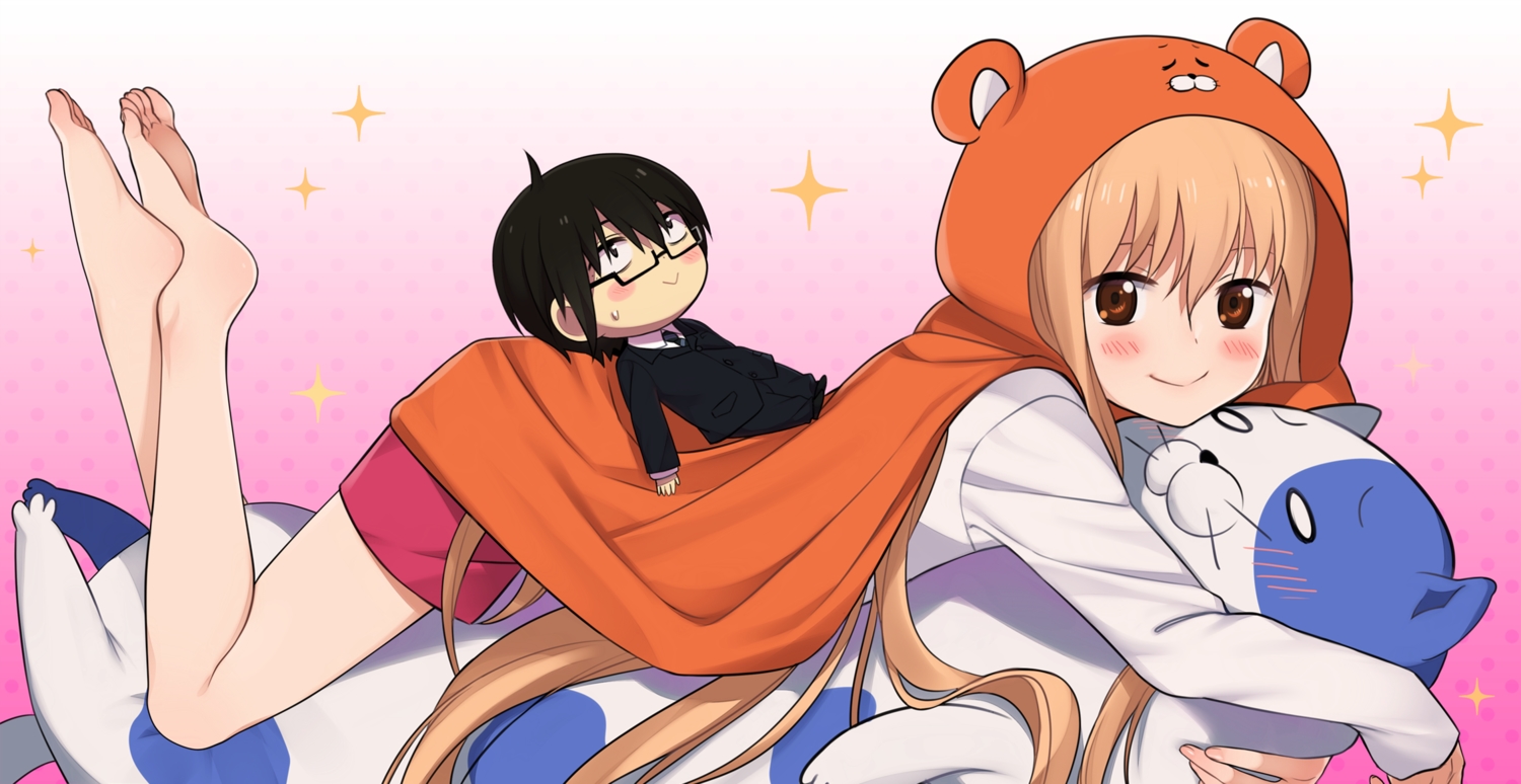 barefoot, blonde_hair, brown_eyes, cape, chibi, doma_taihei, doma_umaru, eventh7, glasses, himouto!_umaru-chan, hood, long_hair, nekoronbusu
