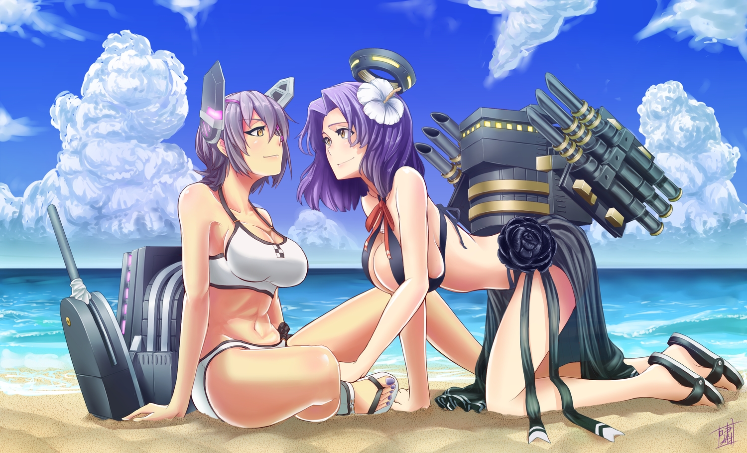 anthropomorphism, beach, bikini, breasts, cleavage, clouds, eyepatch, kantai_collection, purple_hair, shao_(newton), signed, sky, swimsuit, tatsuta_(kancolle), tenryuu_(kancolle), water
