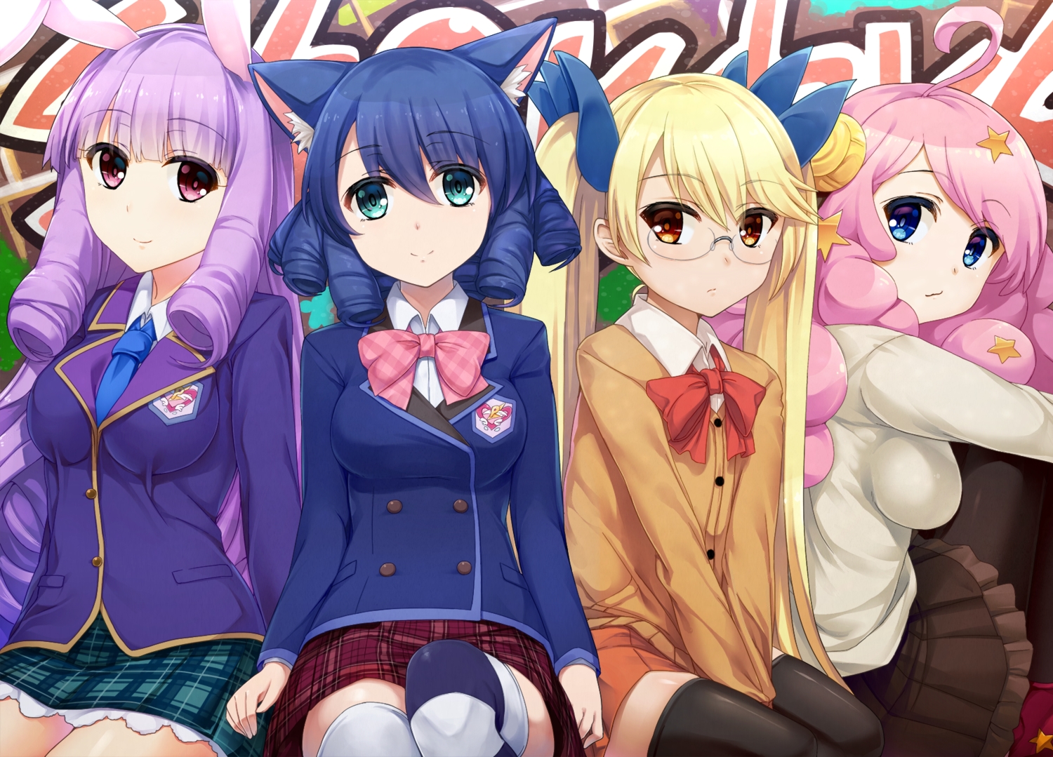 animal_ears, aqua_eyes, blonde_hair, blue_eyes, blue_hair, bow, bunny_ears, bunnygirl