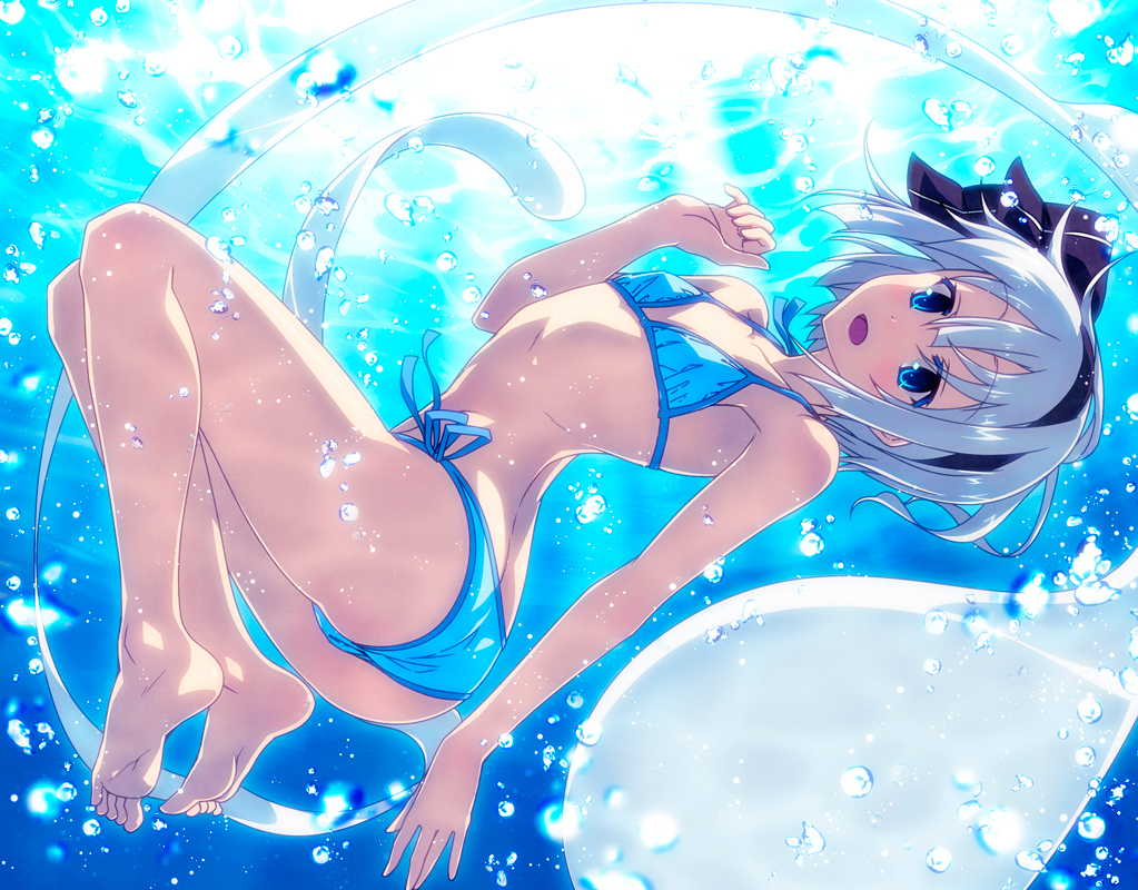 ass, barefoot, bikini, blue_eyes, bubbles, flat_chest, headband, konpaku_youmu, myon, sazanami_mio, short_hair, swimsuit, touhou, underwater, water