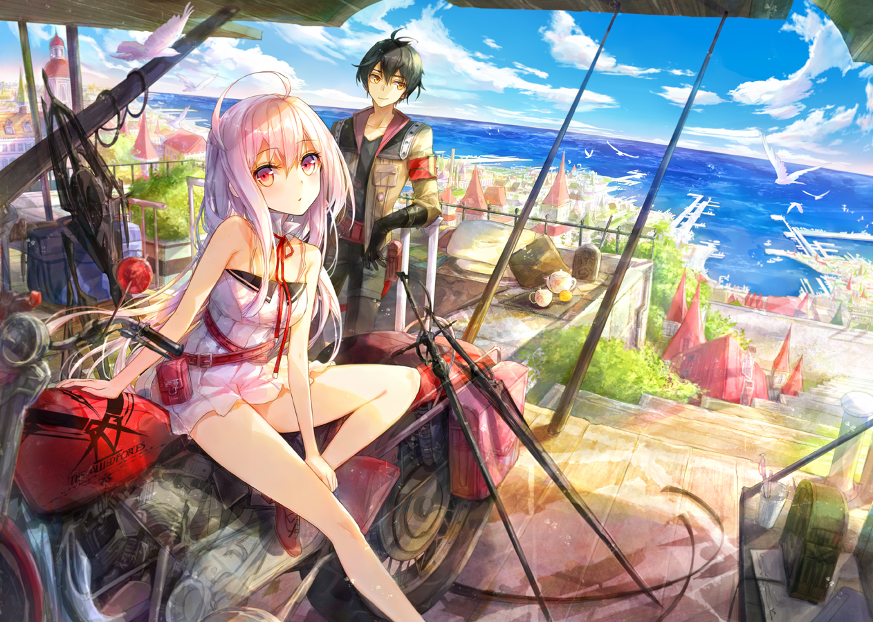 animal, bird, black_hair, clouds, fuumi_(radial_engine), long_hair, male, motorcycle, original, pink_eyes, pink_hair, sword, water, weapon