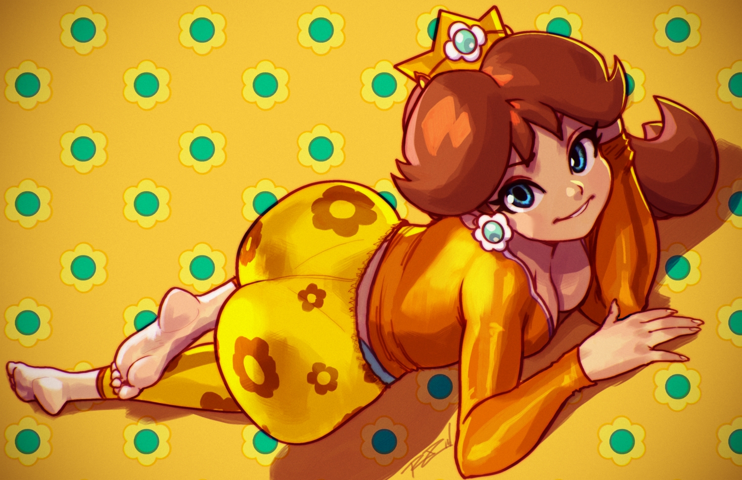 ass, barefoot, blue_eyes, breasts, brown_hair, cleavage, crown, princess_daisy, robert_porter, signed, super_mario