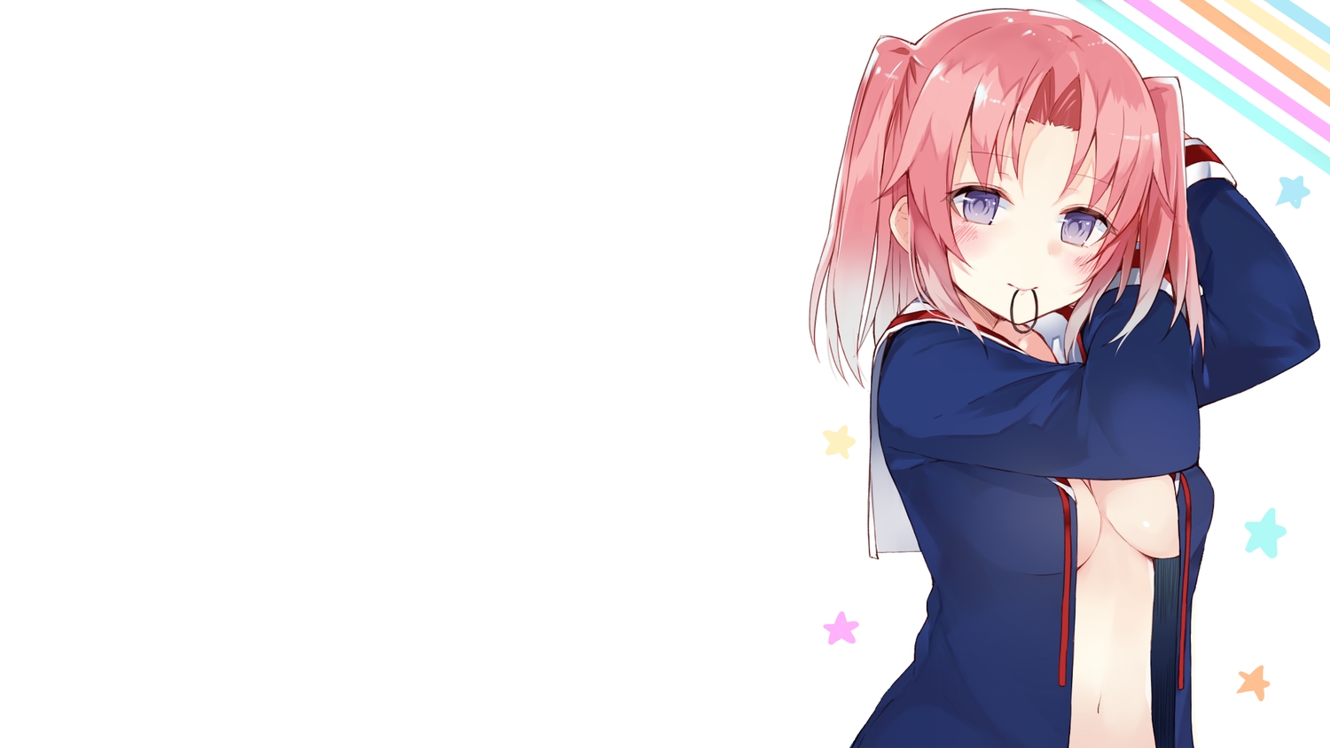 blue_eyes, breasts, kou_mashiro, mikakunin_de_shinkoukei, naked_shirt, navel, no_bra, open_shirt, pink_hair, see_through, stars, yonomori_kobeni