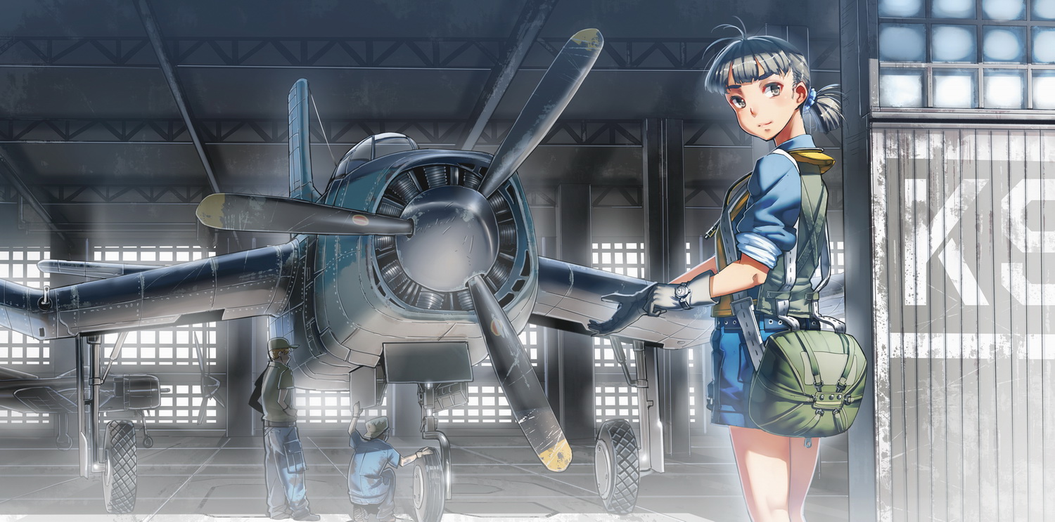 aircraft, aoki_(miharuu), gloves, industrial, jpeg_artifacts, male, original, ponytail