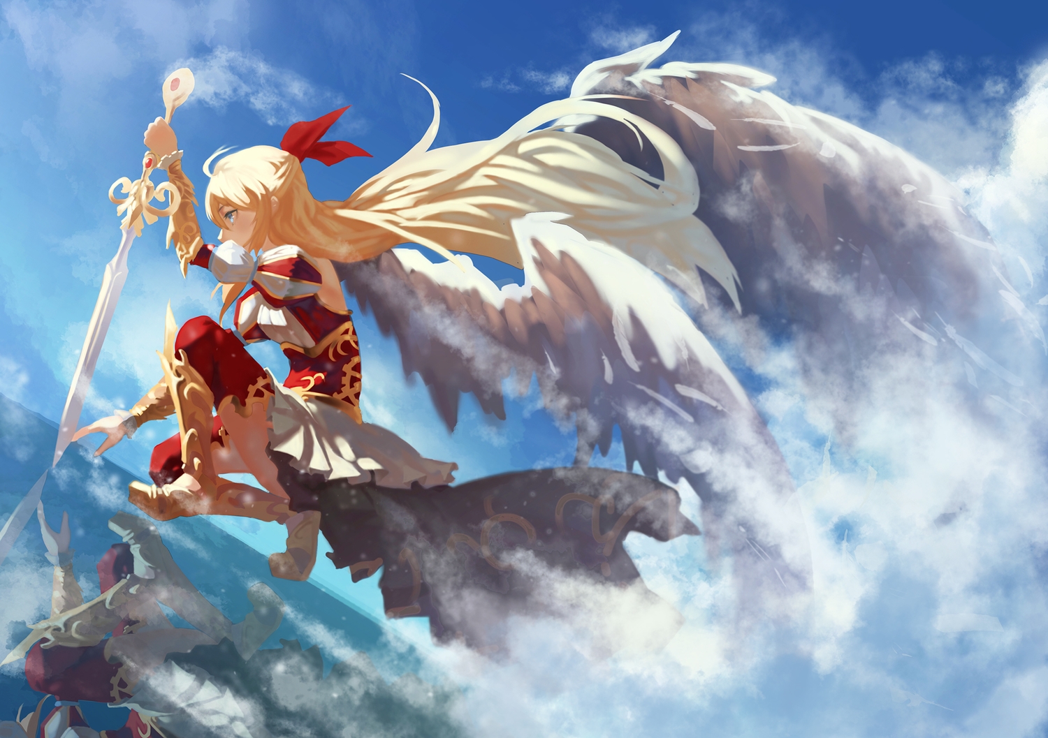 armor, blonde_hair, kuroduki, long_hair, monster_strike, skirt, sky, sword