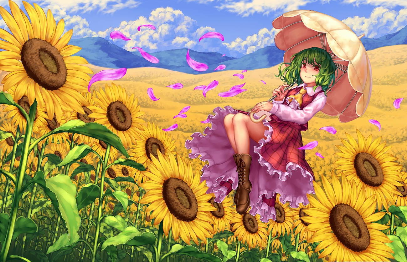 boots, clouds, dress, flowers, green_hair, kazami_yuuka, landscape, petals