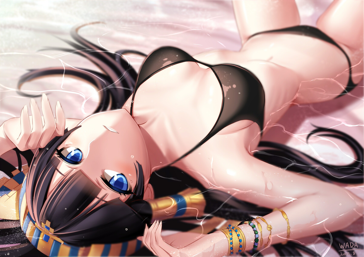 bikini, black_hair, blue_eyes, breasts, close, headdress, isis_(p&d), long_hair, navel, puuzaki_puuna, puzzle_&_dragons, signed, swimsuit, water, wet, wristwear