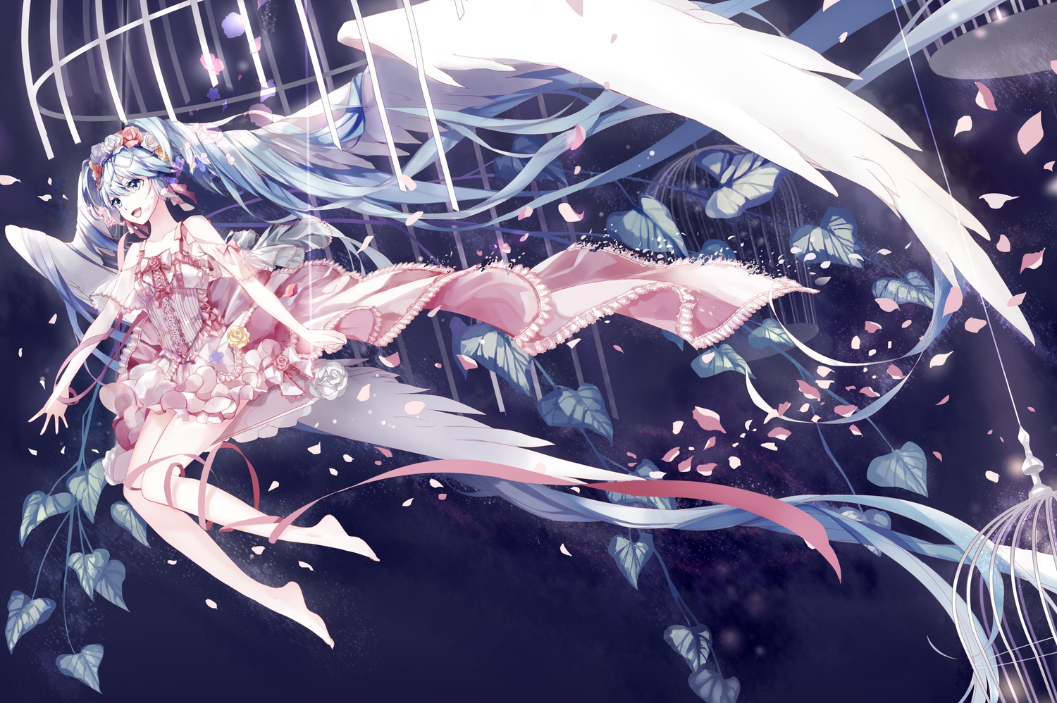 amatsukiryoyu, barefoot, cage, dress, flowers, hatsune_miku, headdress, leaves, long_hair, petals, ribbons, rose, twintails, vocaloid, wings