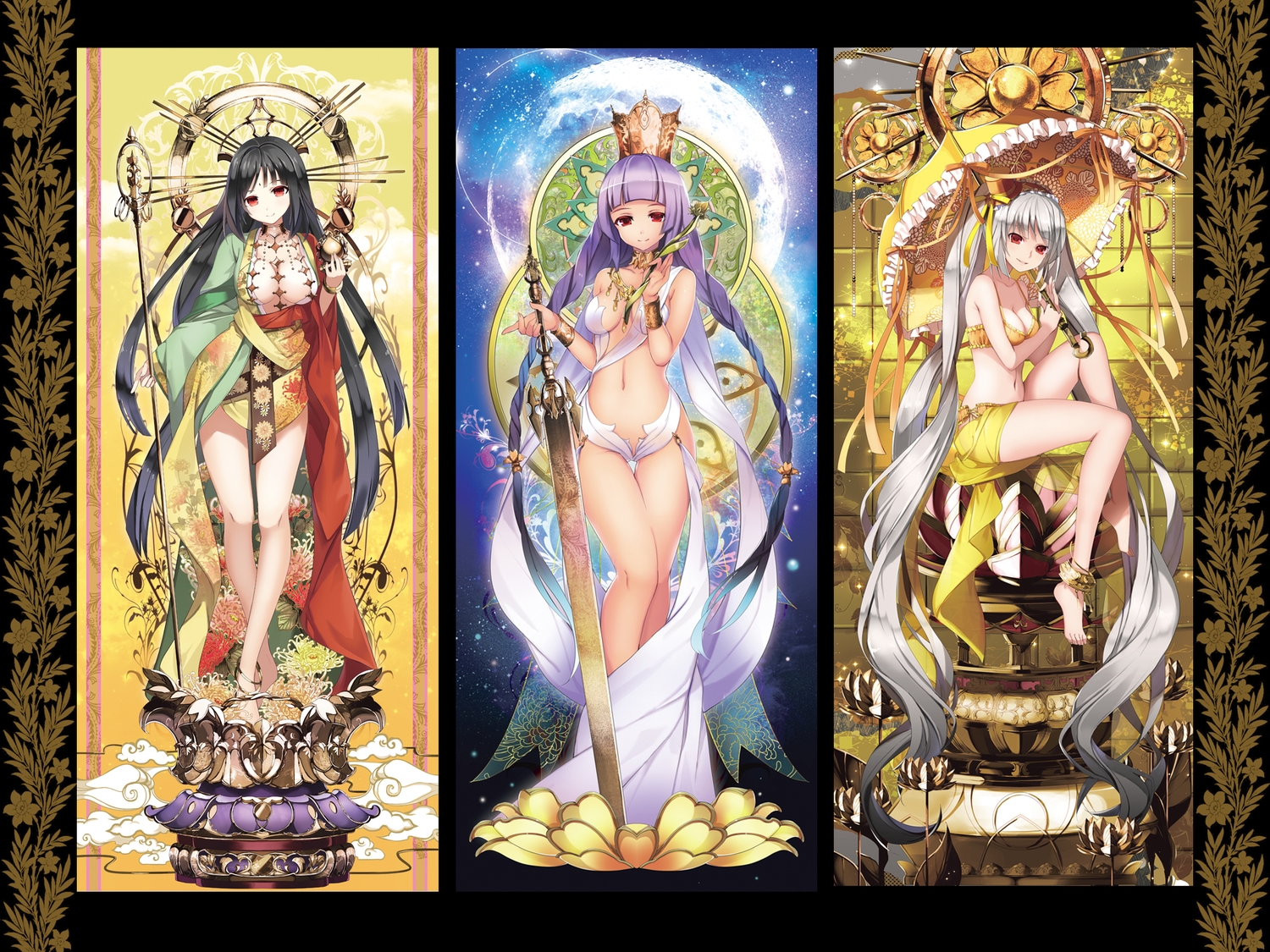 barefoot, bikini, black_hair, braids, breasts, cleavage, crown, gray_hair