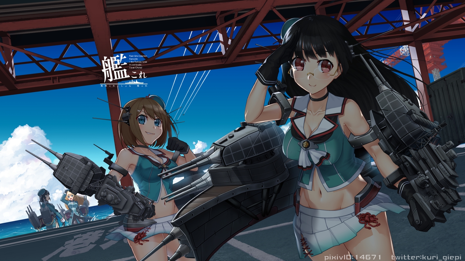 anthropomorphism, atago_(kancolle), breasts, choukai_(kancolle), cleavage, glasses, gloves, group, kantai_collection, kuri_giepi, long_hair, maya_(kancolle), navel, short_hair, skirt, takao_(kancolle), watermark