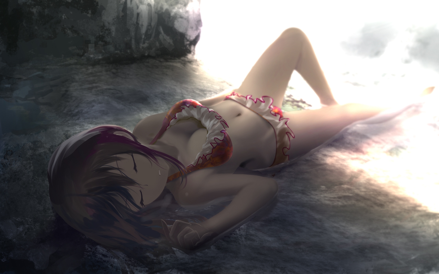 bikini, brown_hair, kouji_(astral_reverie), navel, original, shade, sleeping, swimsuit