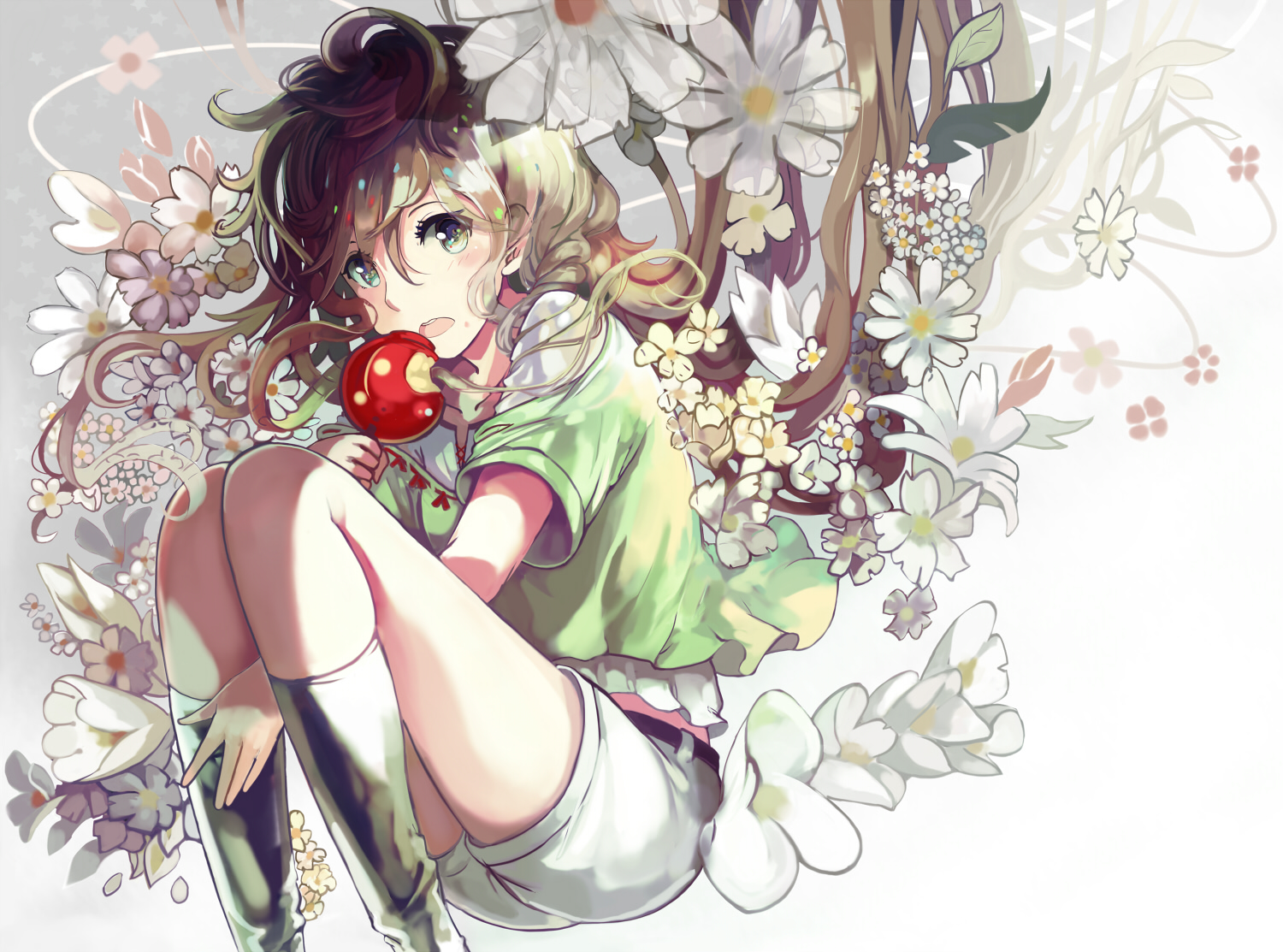 apple, blonde_hair, blue_eyes, candy, flowers, food, fruit, kneehighs, long_hair, original, ryuuri_susuki, shorts