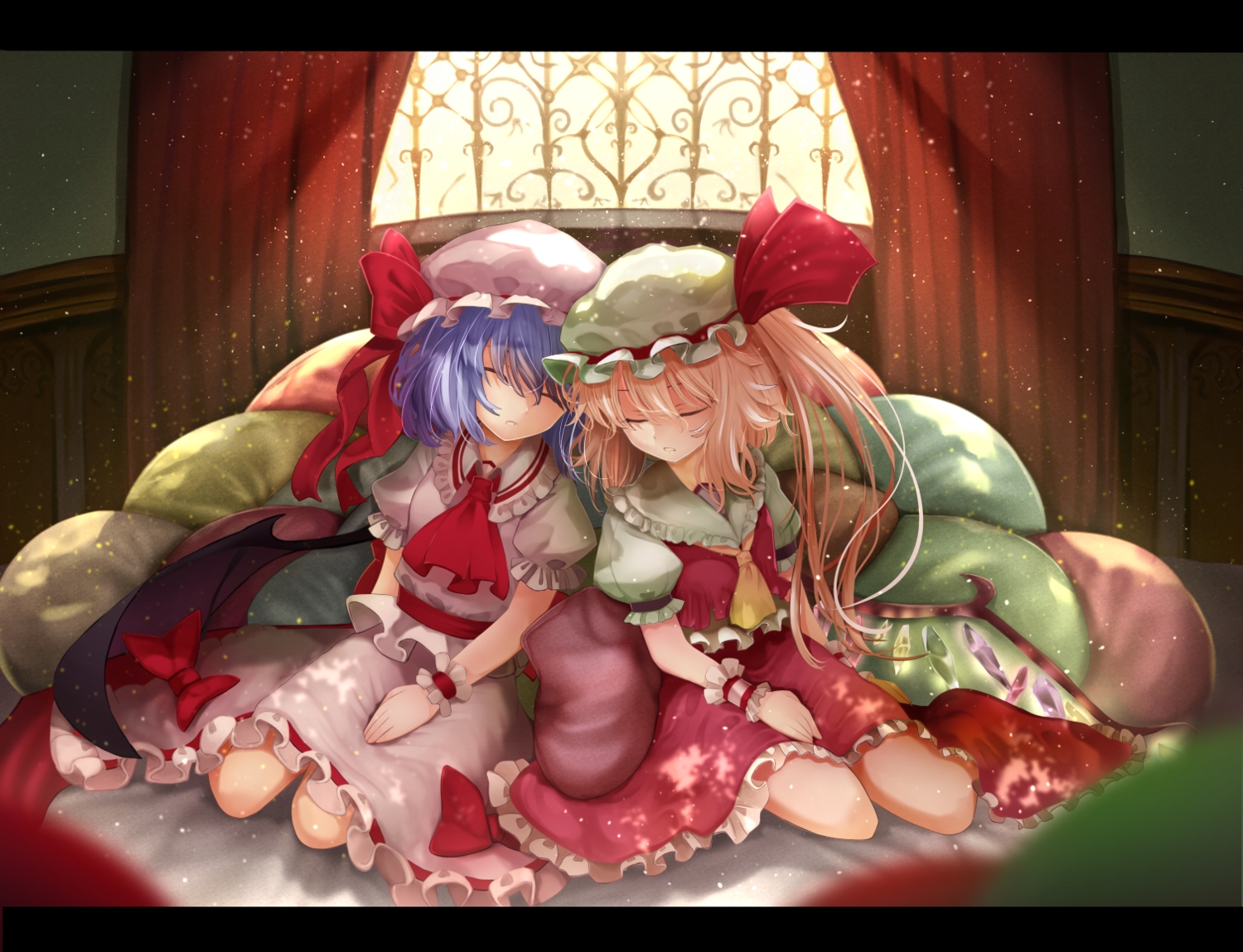 2girls, blonde_hair, blue_hair, flandre_scarlet, hat, pen_(pixiv257621), remilia_scarlet, skirt