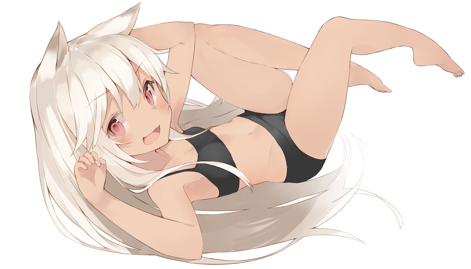 animal_ears, barefoot, kou_mashiro, long_hair, navel, original, pink_eyes, swimsuit