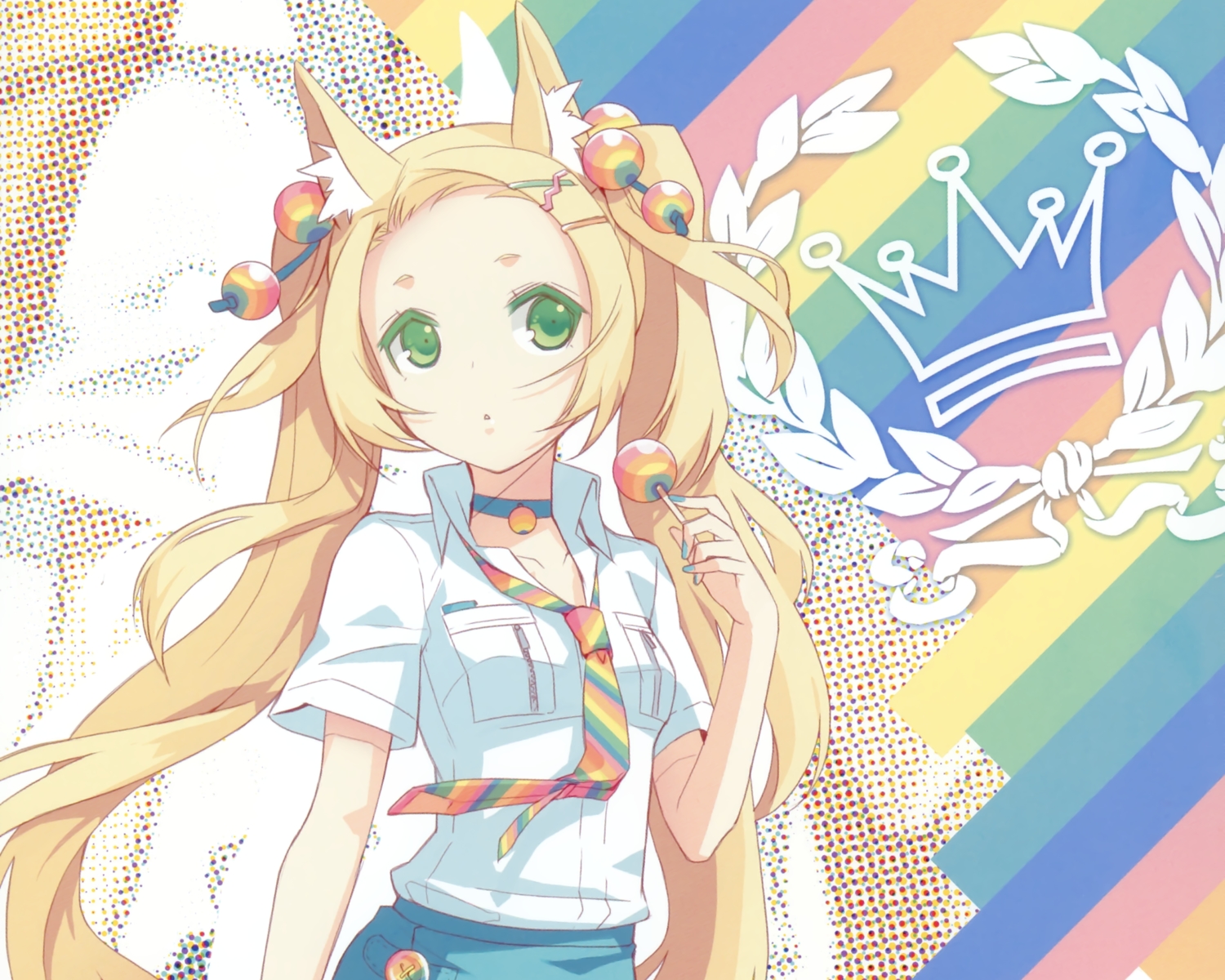 animal_ears, blonde_hair, candy, catgirl, choker, cropped, feathers, green_eyes