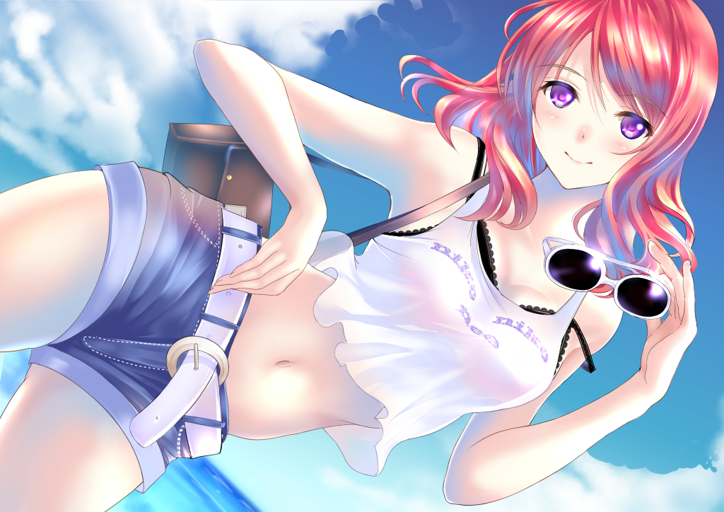 bra, breasts, cleavage, clouds, gorua_(youce01), long_hair, love_live!_school_idol_project, navel, nishikino_maki, purple_eyes, red_hair, shorts, sky, sunglasses, underwear, water