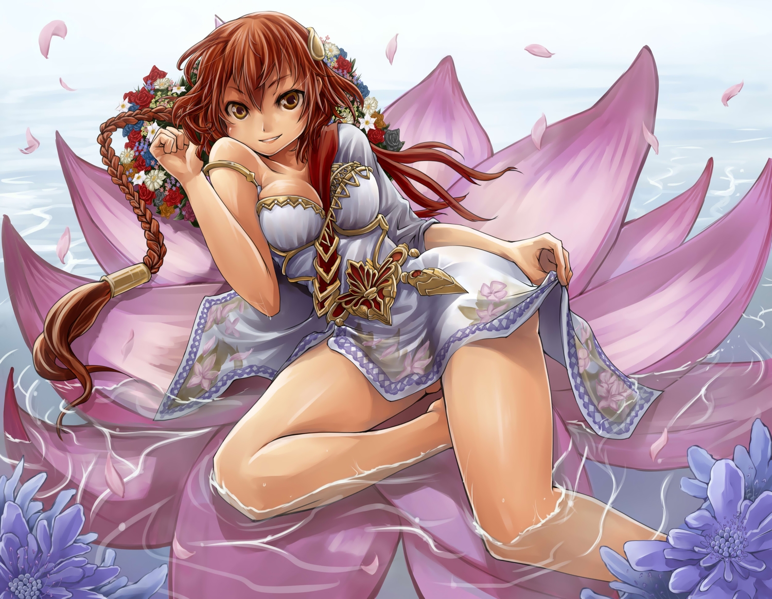 braids, breasts, brown_hair, cleavage, dress, flowers, ishtar, kuroboshi_roki, long_hair, lord_of_vermilion, orange_eyes, petals, rose, skirt, skirt_lift, wet