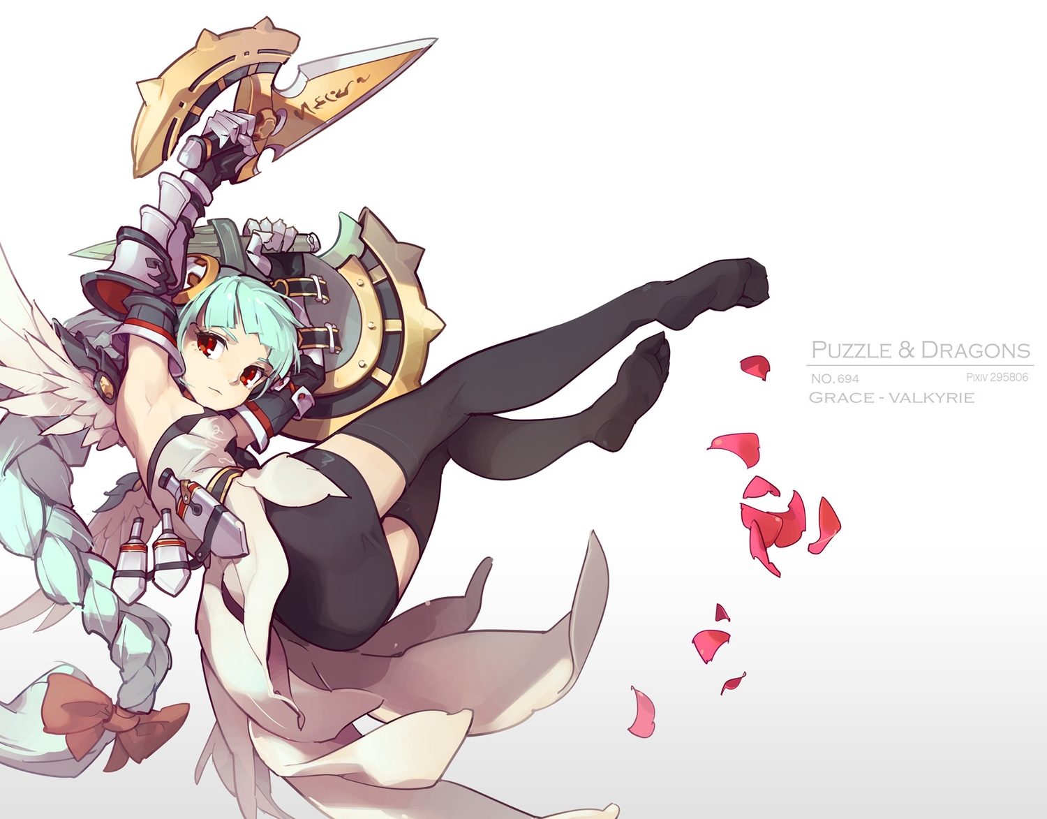 aqua_hair, armor, bow, braids, knife, long_hair, petals, puzzle_&_dragons, red_eyes, skirt, tennohi, thighhighs, valkyrie_(p&d), weapon, zettai_ryouiki